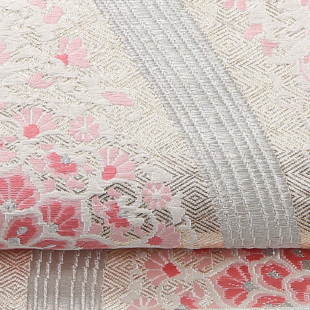 袋帯 帯丈420cm 正絹 六通 フォーマル 宝相華 クリーム系 ピンク系 1243-02535