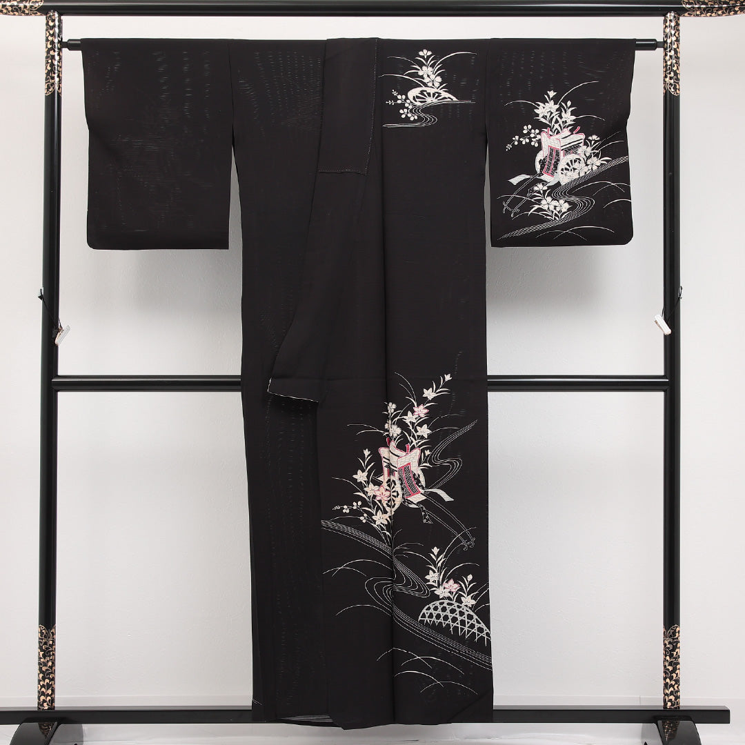 夏物 訪問着 絽 身丈152cm 裄丈66cm 正絹 Cランク セミフォーマル 広衿 Mサイズ 御所車 黒系 RP 1217-17309