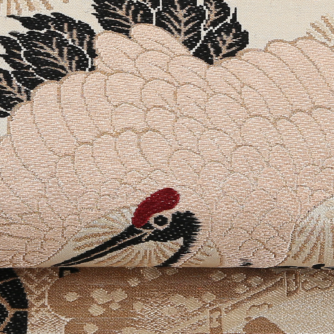 アンティーク 丸帯 帯丈392cm 正絹 全通 御所車 鶴 菊 クリーム系 1242-02569