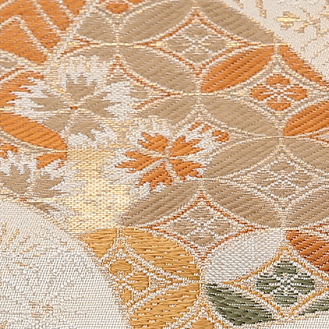 アンティーク 丸帯 帯丈392cm 正絹 全通 扇面文 クリーム系 1242-02562