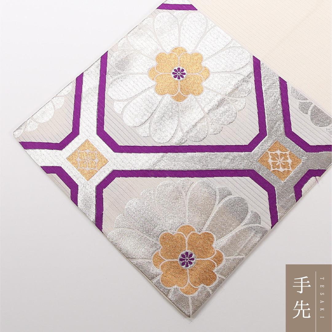夏物 袋帯 帯丈404cm 正絹 六通 セミフォーマル 蜀江 菊 クリーム系 紫系 1243-02517