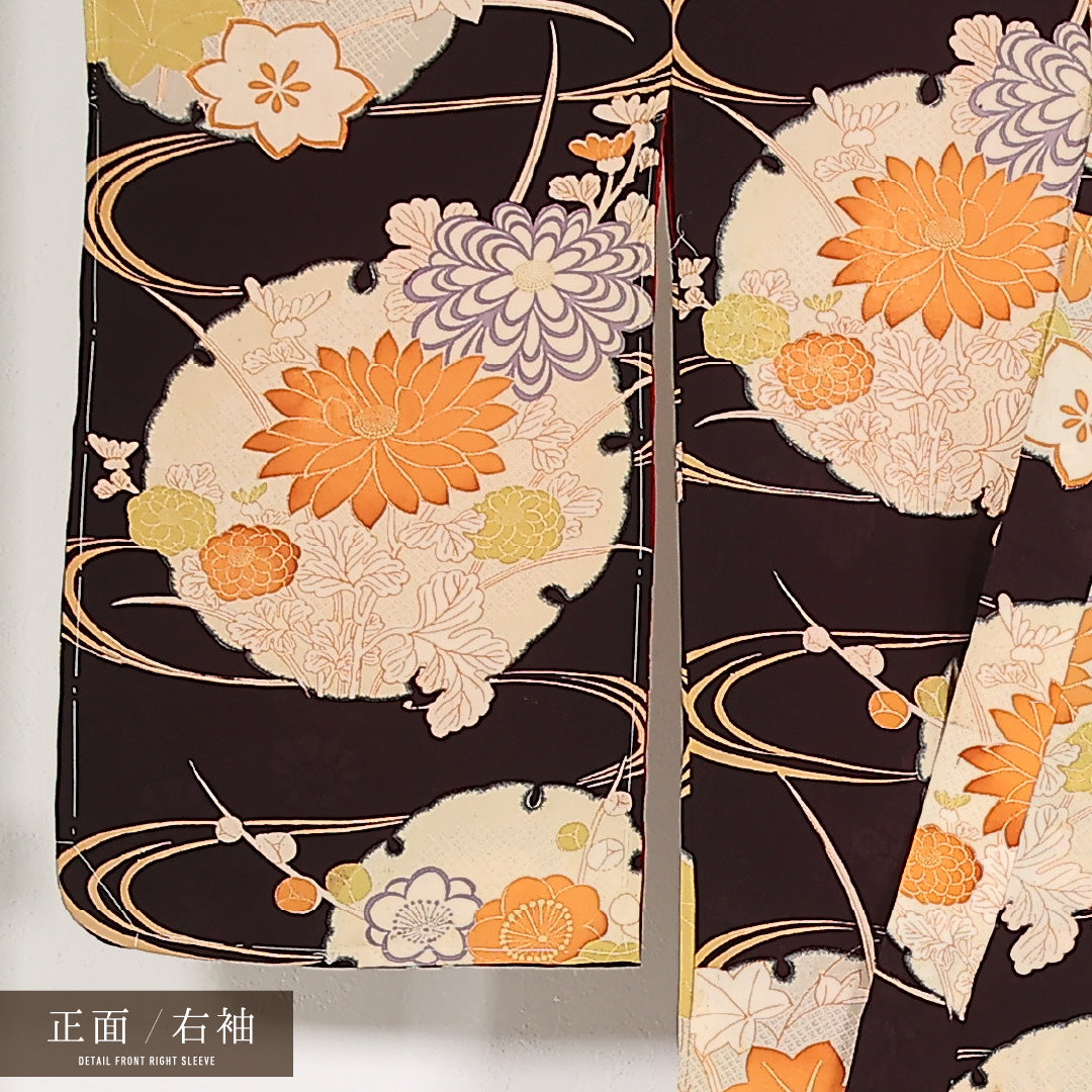 アンティーク 小振袖 袷 身丈148cm 裄丈62cm 正絹 Cランク 紋意匠 (菊) バチ衿 XSサイズ 雪輪 菊 黒系 M4 1216-17556