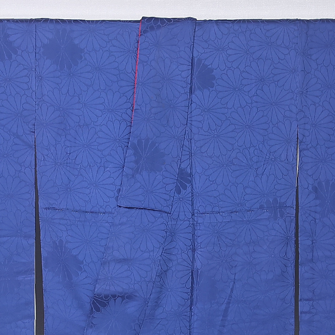 振袖 袷 身丈155cm 裄丈64cm 正絹 Aランク 三つ紋 (丸に九枚笹) 紋意匠 (菊) フォーマル 広衿 Mサイズ 菊 無地 青系 RP 1215-06742