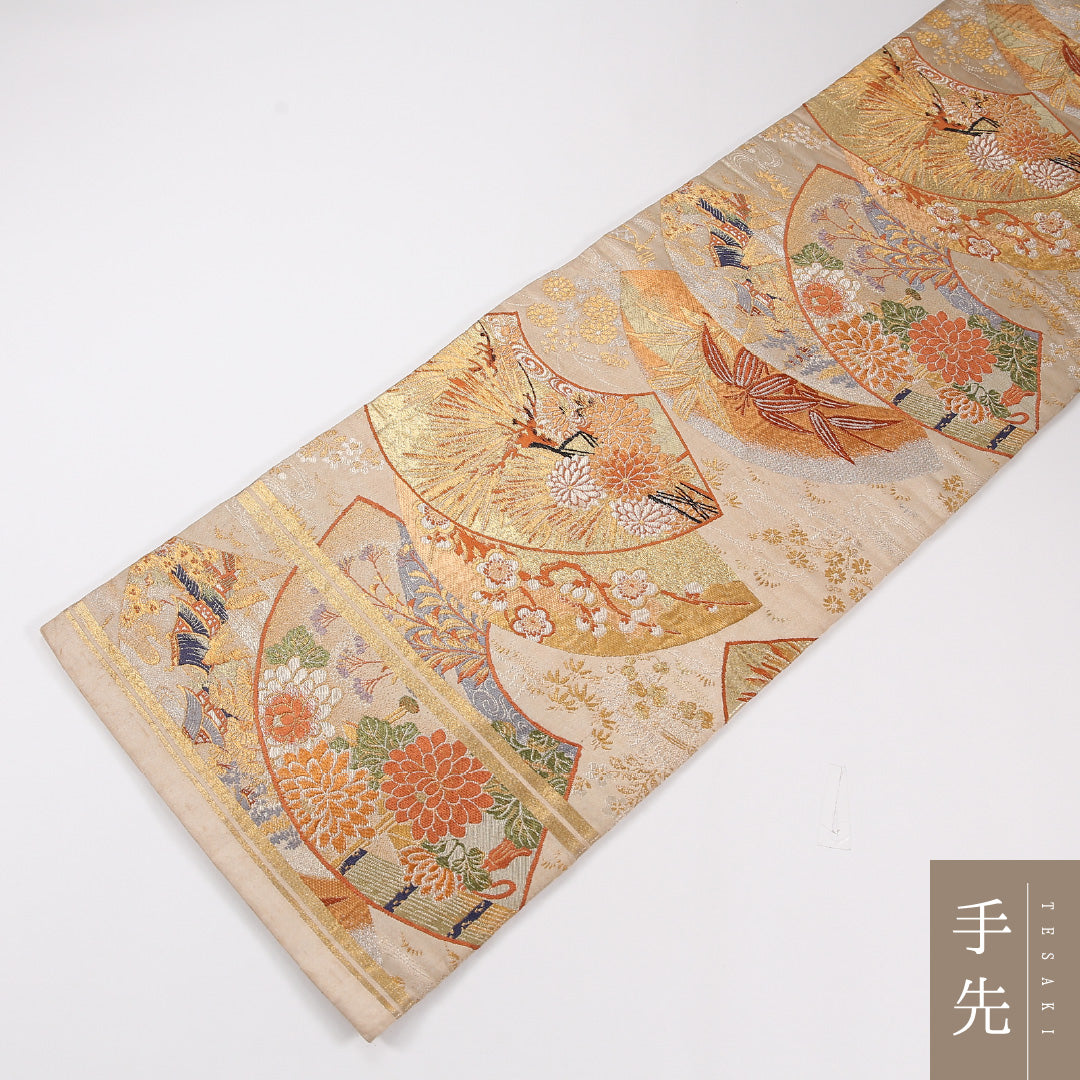 扇面文 アンティーク 丸帯 帯丈412cm 正絹 全通 クリーム系 茶系 1243-02601