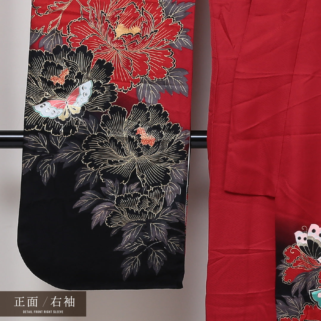 振袖 袷 身丈168cm 裄丈67cm 正絹 Aランク フォーマル 広衿 XLサイズ 蝶 藤 牡丹 赤系 RP 1215-06333