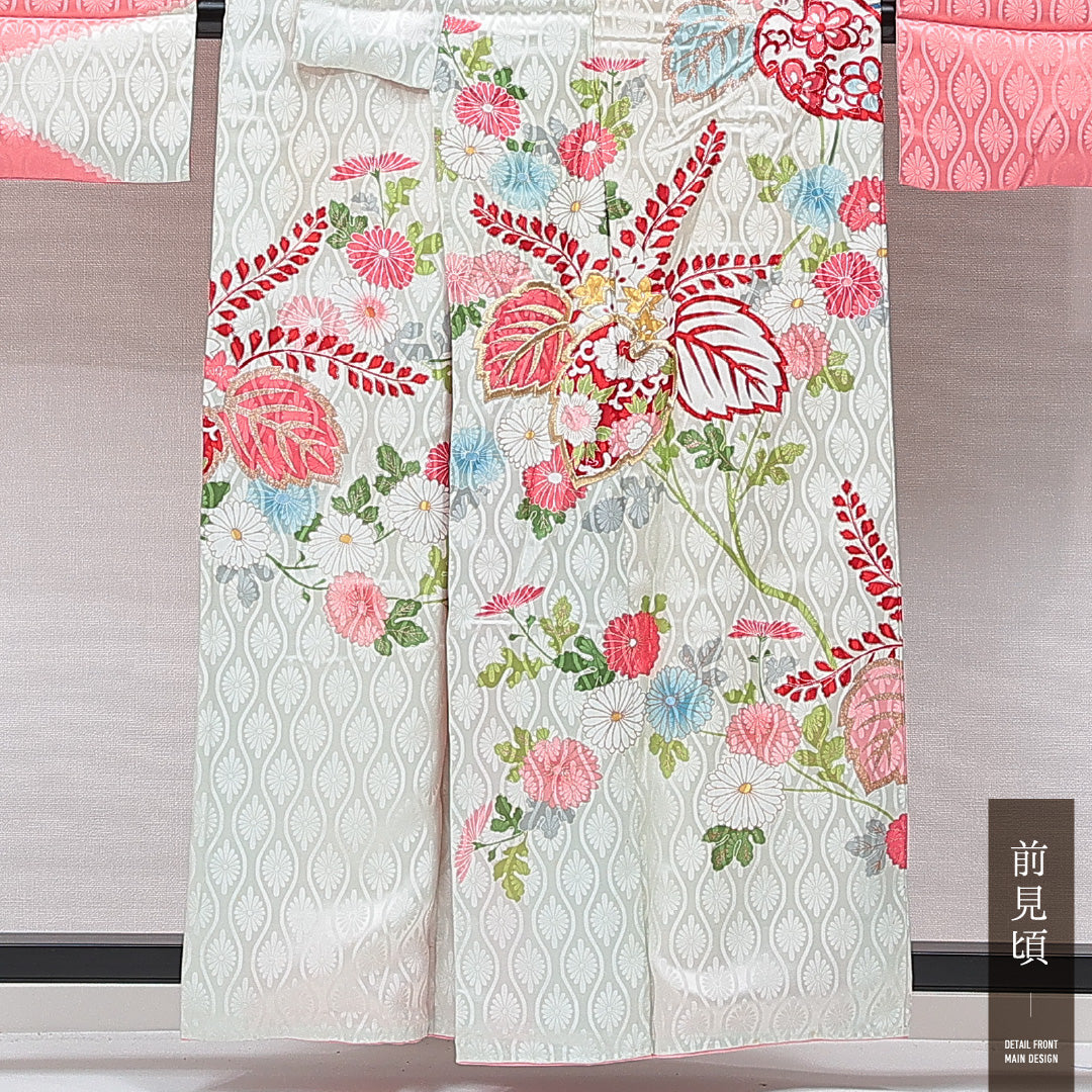 振袖 袷 身丈157cm 裄丈63cm 正絹 Cランク フォーマル 広衿 Mサイズ 刺繍 菊 桐 緑系 LP 1215-07022