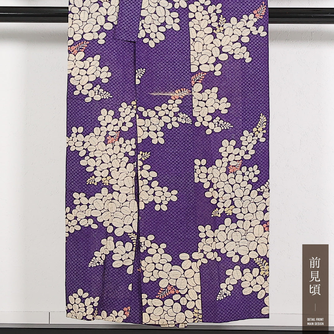 アンティーク 夏物 小振袖 絽 身丈150cm 裄丈56cm 正絹 Cランク バチ衿 Sサイズ 藤 紫系 M4 1216-17551