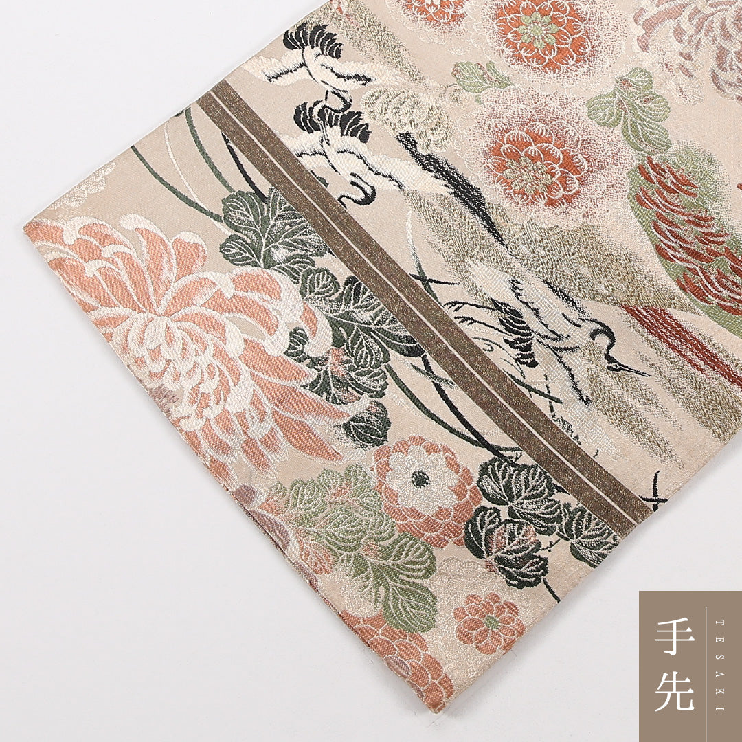 アンティーク 丸帯 帯丈372cm 正絹 全通 鶴 菊 ベージュ系 1242-02565