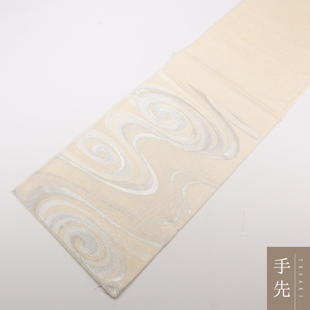 未使用品 夏物 袋帯 帯丈428cm 正絹 六通 フォーマル 綴れ織 流水 クリーム系 1243-02482