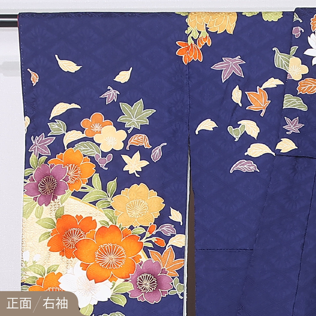 振袖 袷 身丈160cm 裄丈62cm 正絹 Sランク フォーマル 広衿 Lサイズ 扇面文 菊 紅葉 紺系 RP 1215-06724