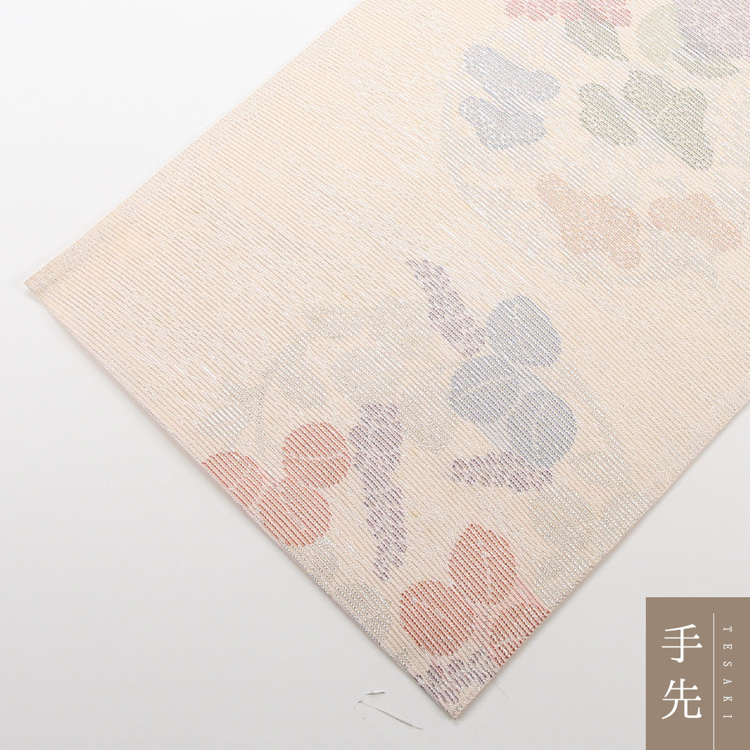 夏物 袋帯 帯丈434cm 正絹 六通 セミフォーマル 唐草牡丹 丸文 クリーム系 ピンク系 1243-02466