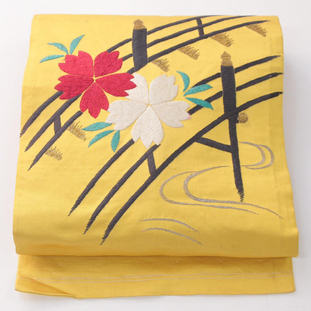 アンティーク 九寸名古屋帯 帯丈341cm 正絹 ポイント柄 名古屋仕立て 織り 刺繍 花鳥文 菊 04198 花鳥文 菊 斜め格子 花籠 黄系 M4 1245-04198