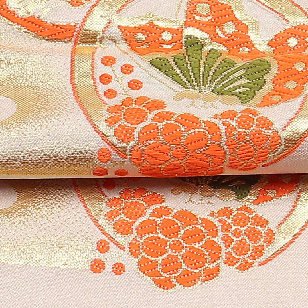 六寸帯 帯丈392cm 正絹 全通 小袋帯 カジュアル 鶴 エ霞 クリーム系 1246-00614