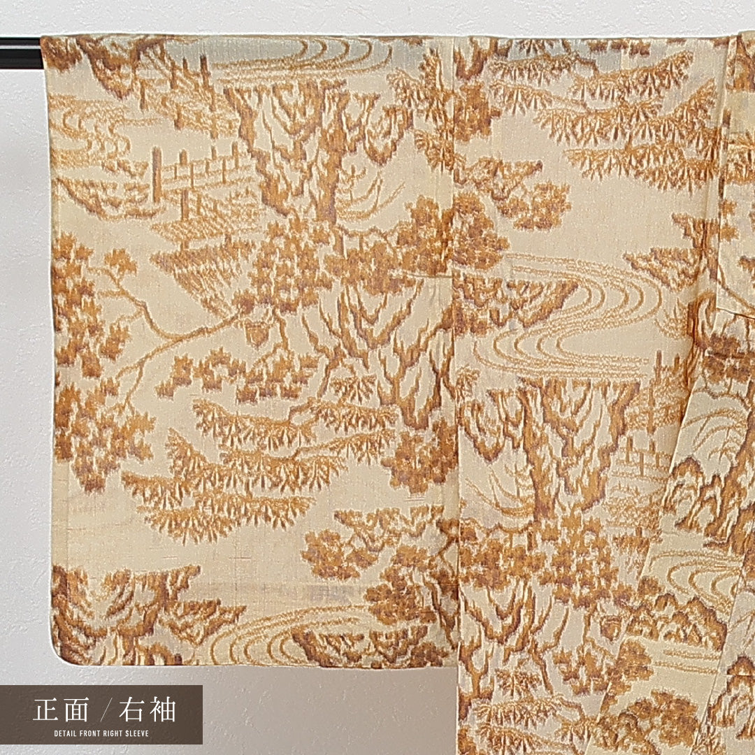 小紋 (ちりめん) 単衣 身丈146cm 裄丈63cm 正絹 Aランク インフォーマル バチ衿 Sサイズ 茶屋辻 ちりめん クリーム系 RP 1221-17271
