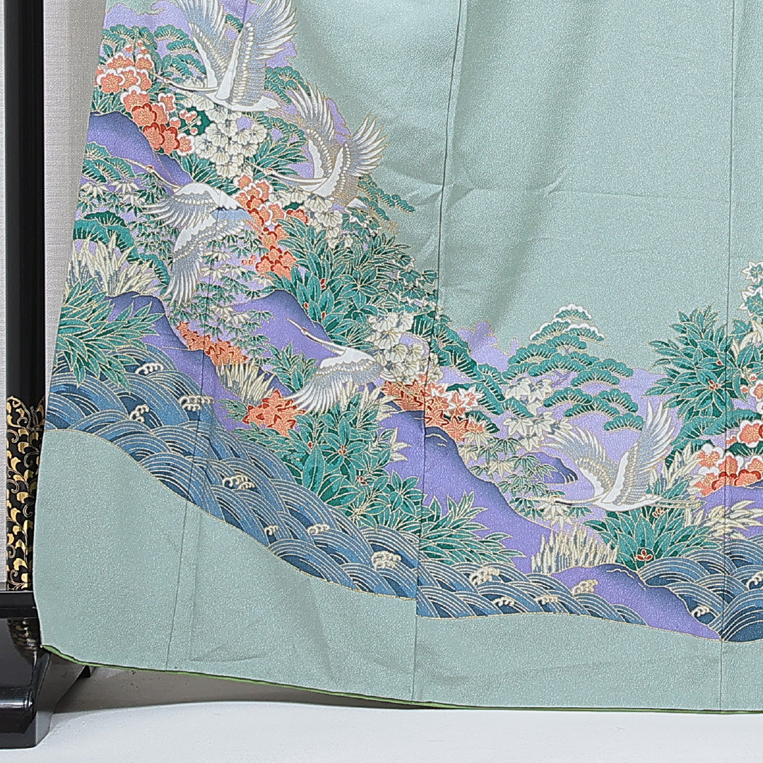 洗える着物 色留袖 胴抜き 身丈166cm 裄丈69cm ポリエステル Sランク 五つ紋 (丸の内に二つ引き) フォーマル 広衿 XLサイズ 松鶴 山水 緑系 RP 1214-07087