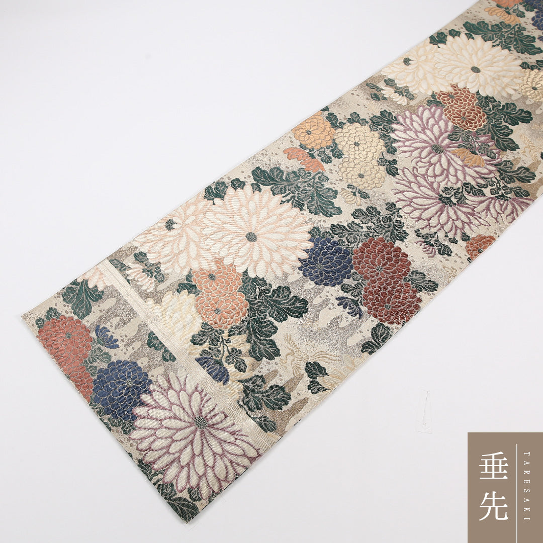 アンティーク 丸帯 帯丈396cm 正絹 全通 菊 クリーム系 1242-02560