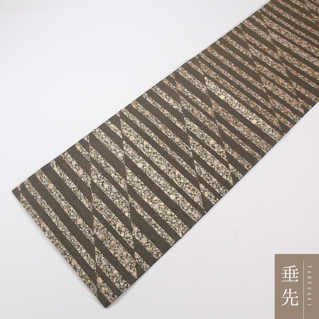植物柄 袋帯 帯丈432cm ポリエステル 六通 セミフォーマル 緑系 黒系 1243-02589