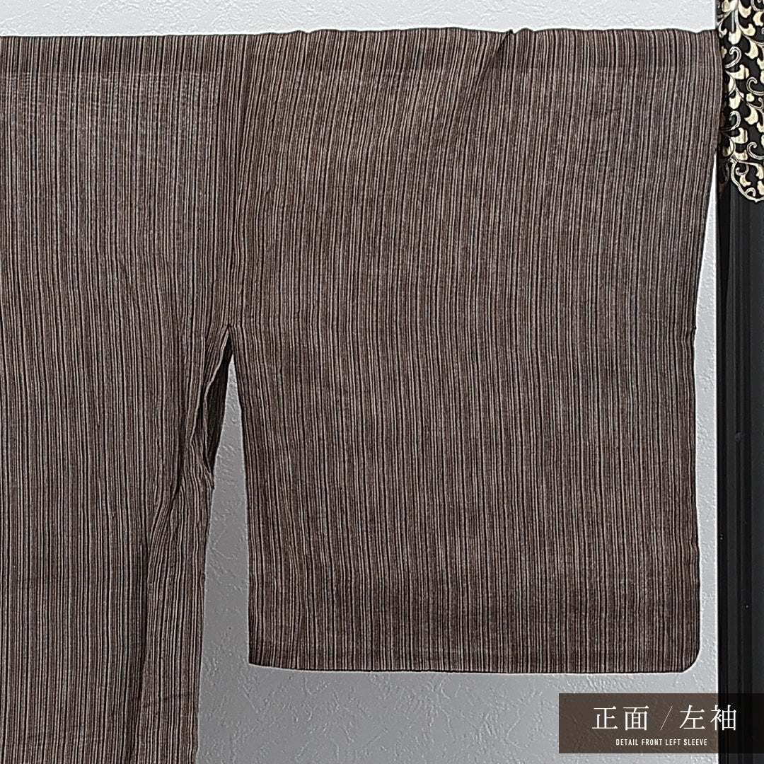 夏物 洗える着物 麻の紬 身丈169cm 裄丈71cm 麻 Aランク カジュアル 広衿 XLサイズ 縞 茶系 RP 1223-17277