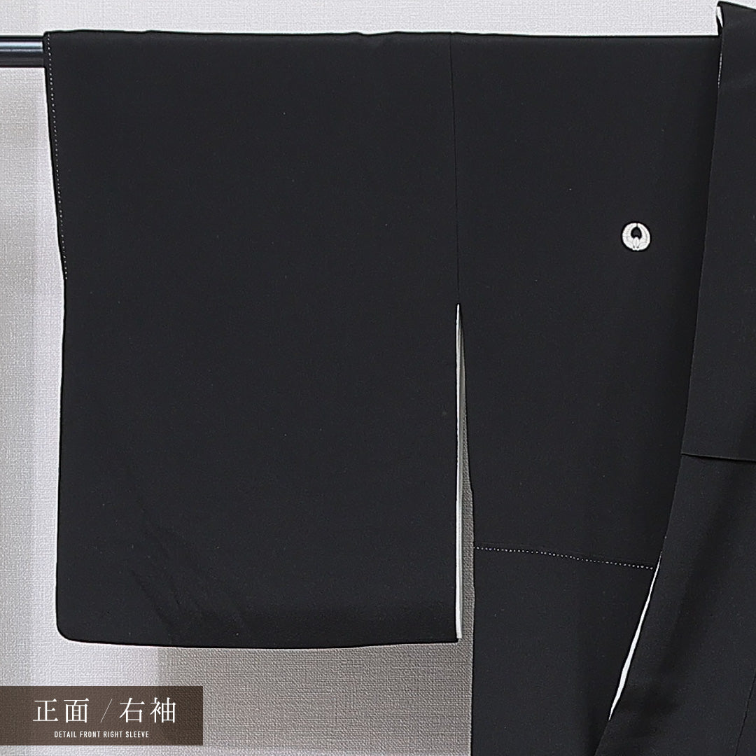 黒留袖 袷 身丈161cm 裄丈64cm 正絹 Sランク 五つ紋 (上り藤) フォーマル 広衿 Lサイズ 刺繍 比翼 落款 鏡裏文 雉 丸文 黒系 RP 1213-07081