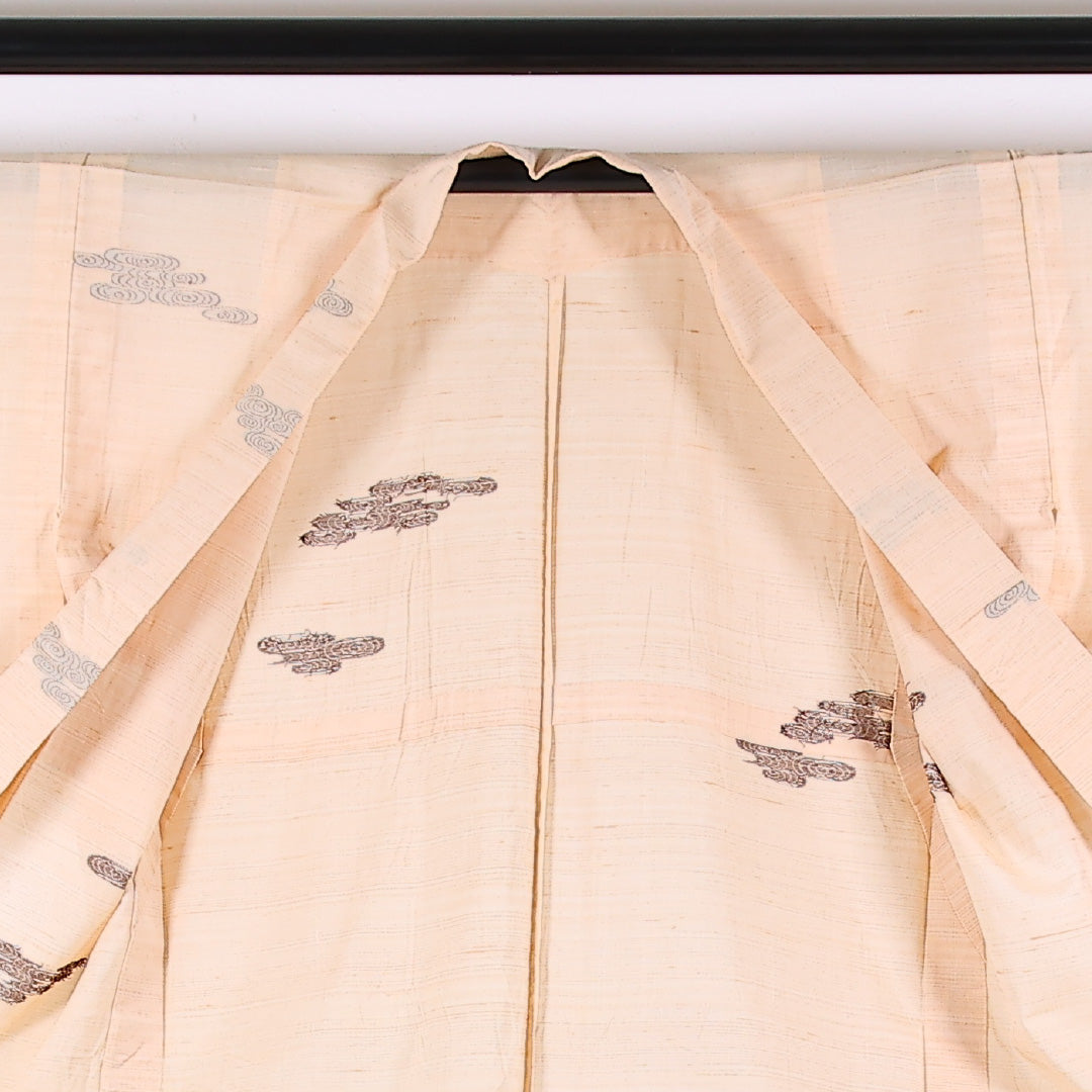夏物 紬 夏紬 身丈154cm 裄丈62cm 正絹 Cランク カジュアル バチ衿 Sサイズ 観世水 ベージュ系 RP 1223-17346
