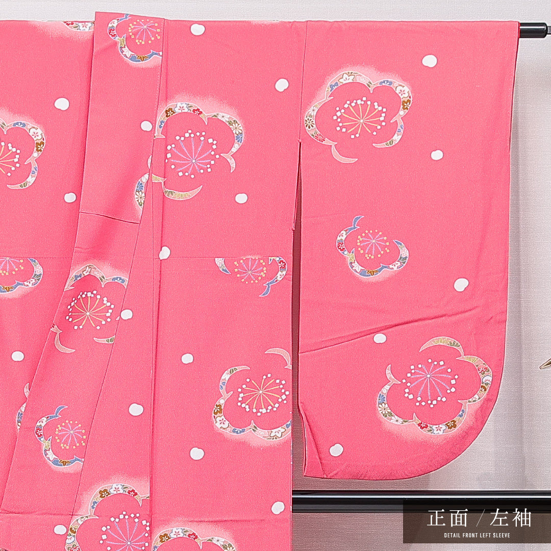 小振袖 袷 身丈163cm 裄丈65cm 正絹 Cランク セミフォーマル 広衿 Lサイズ 梅 ピンク系 LP 1216-07032