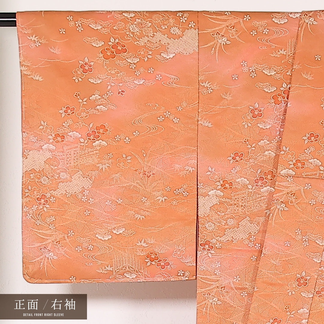 未使用品 洗える着物 小紋 袷 身丈158cm 裄丈63cm ポリエステル Sランク インフォーマル 広衿 Mサイズ しつけ糸 茶屋辻 朱系 RP 1221-17472