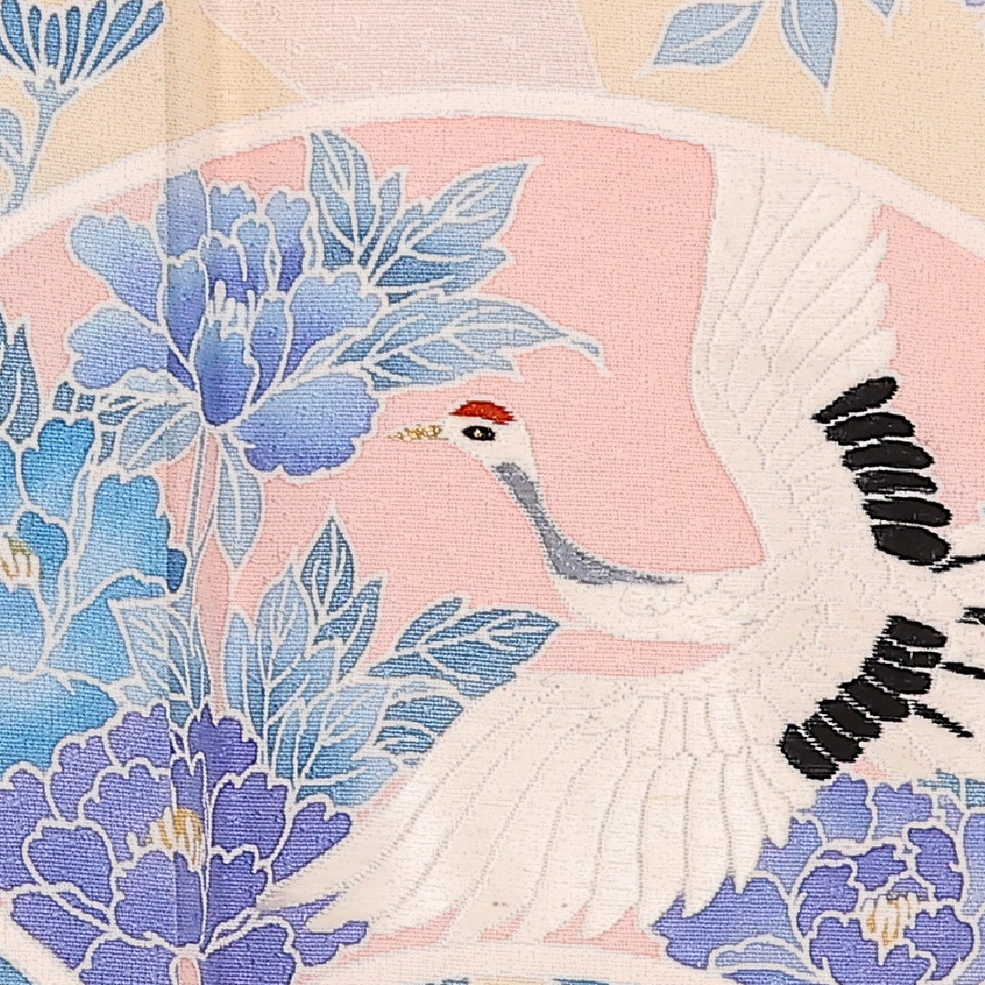 訪問着 単衣 身丈158cm 裄丈63cm 正絹 Bランク セミフォーマル 広衿 XLサイズ 刺繍 扇面文 鶴 ピンク系 RP 1217-17521