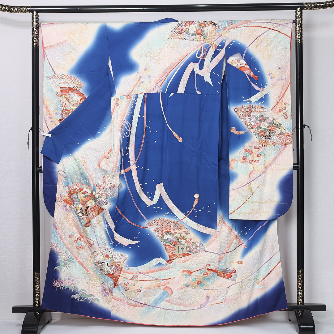 振袖 袷 身丈164cm 裄丈67cm 正絹 Sランク フォーマル 広衿 Lサイズ 刺繍 扇 菊 青系 RP 1215-06713