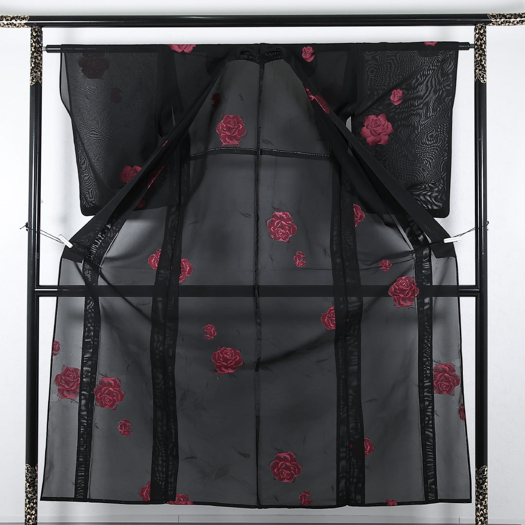 夏物 小紋 紗 身丈154cm 裄丈62cm 正絹 Sランク インフォーマル バチ衿 Lサイズ 薔薇 黒系 M4 1221-17356
