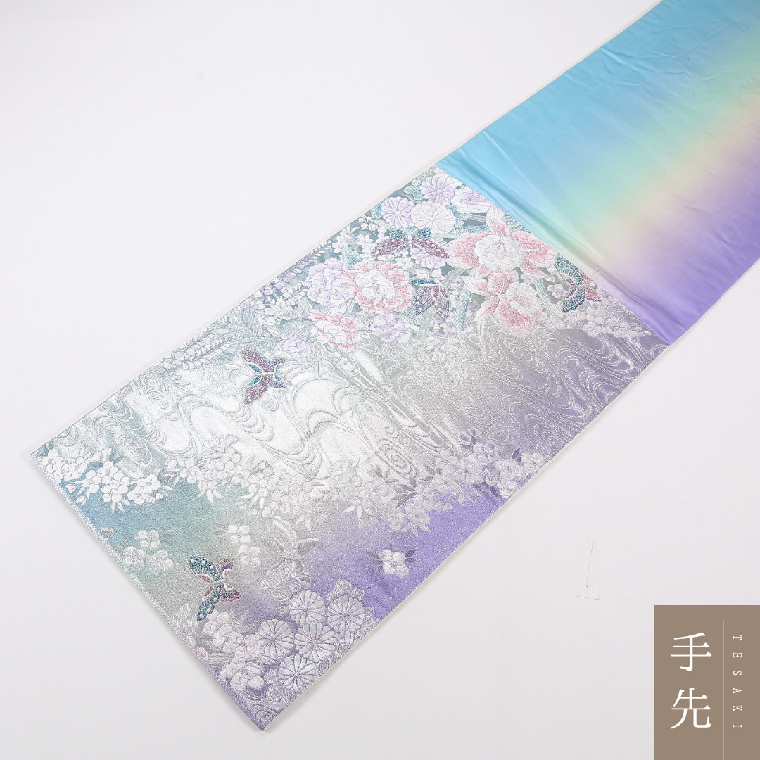 蝶 振袖用 袋帯 帯丈420cm 正絹 六通 観世水 銀系 1243-02588