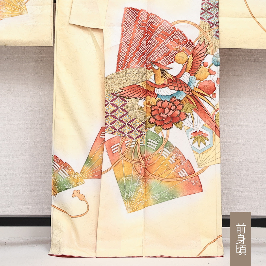 洗える着物 振袖 袷 身丈164cm 裄丈65cm ポリエステル Cランク フォーマル 広衿 Lサイズ 刺繍 扇面文 牡丹 吉祥文様 クリーム系 LP 1215-06864