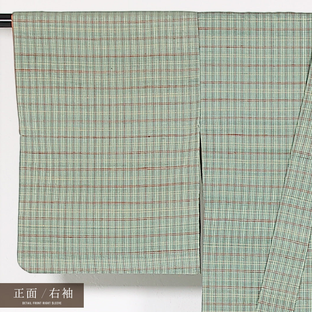 真綿紬 袷 身丈152cm 裄丈62cm 正絹 Cランク カジュアル バチ衿 XSサイズ 格子 緑系 RP 1223-17491
