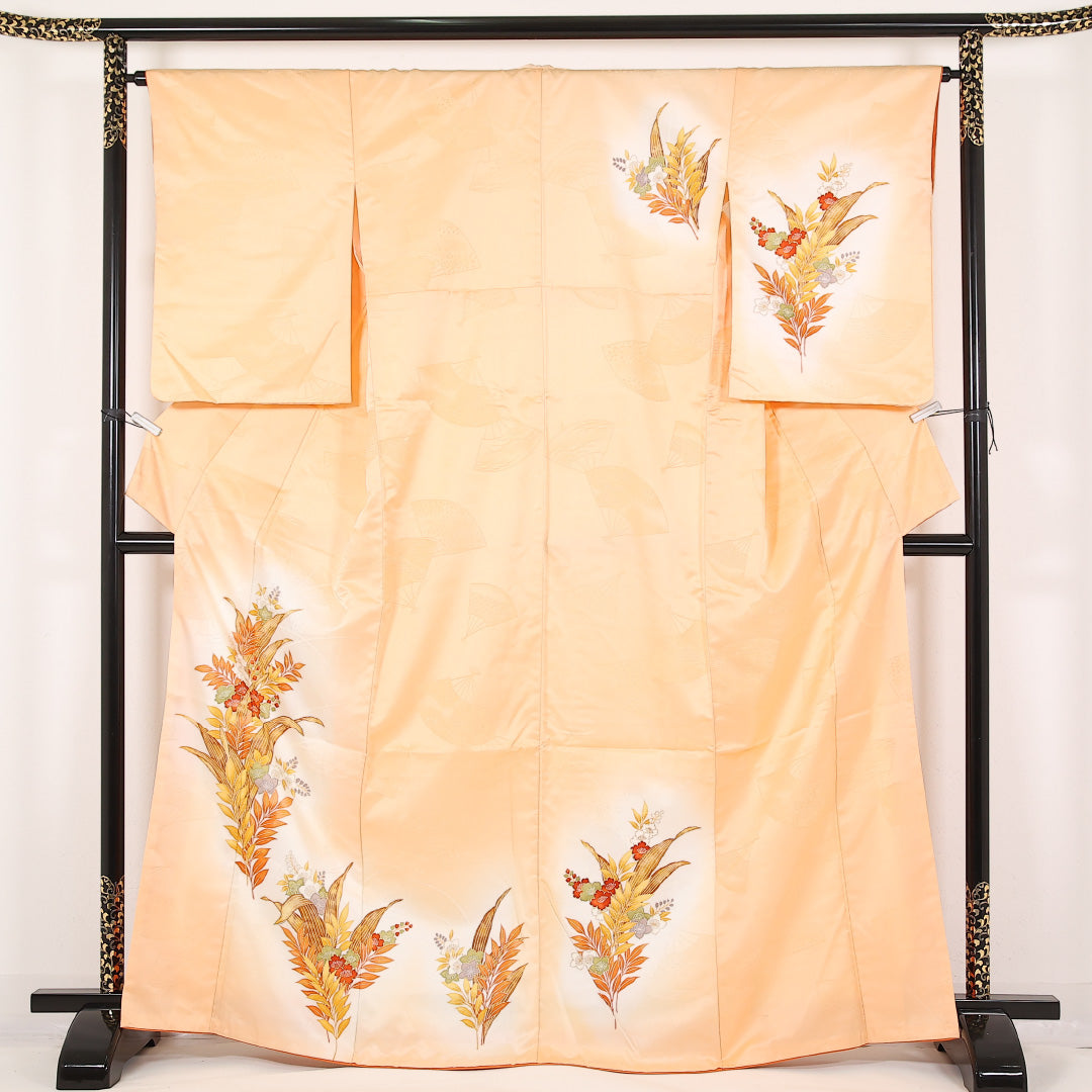 洗える着物 訪問着 袷 身丈167cm 裄丈64cm ポリエステル Aランク 紋意匠 (扇) セミフォーマル 広衿 Mサイズ 花柄 朱系 RP 1217-17471