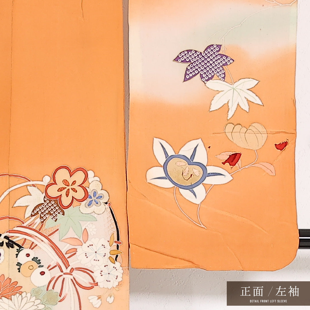 アンティーク 小振袖 袷 身丈146cm 裄丈63cm 正絹 Dランク バチ衿 XSサイズ 刺繍 相良刺繍 金駒刺繍 花鼓 梅 朱系 M4 1216-17553