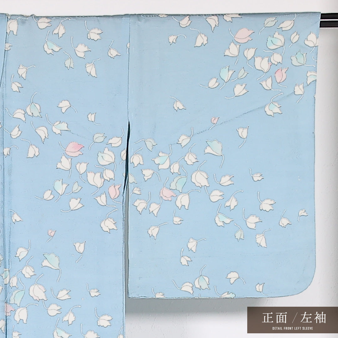 小紋 単衣 身丈153cm 裄丈64cm 正絹 Cランク インフォーマル 広衿 Mサイズ 花柄 水色系 RP 1221-17531