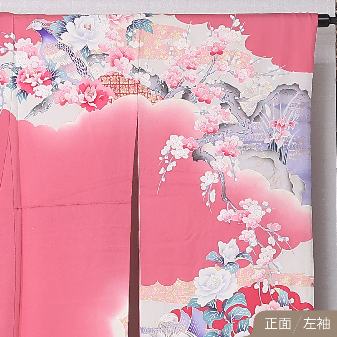 振袖 袷 身丈165cm 裄丈66cm 正絹 Bランク フォーマル 広衿 XLサイズ 鳳翔 作家物 落款 尾長鳥 牡丹 松 ピンク系 M4 1215-06749