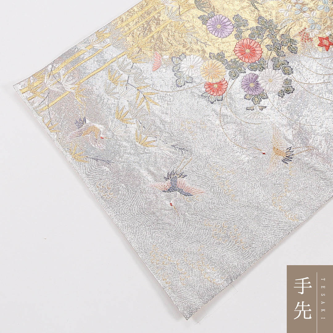 鶴 袋帯 帯丈428cm 正絹 六通 フォーマル 菊 白系 銀系 1243-02635