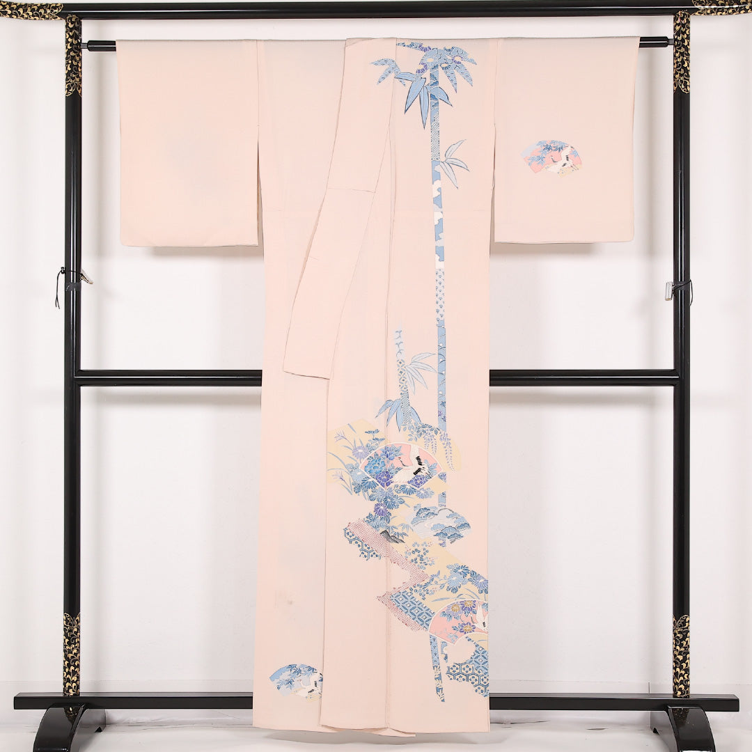 訪問着 単衣 身丈158cm 裄丈63cm 正絹 Bランク セミフォーマル 広衿 XLサイズ 刺繍 扇面文 鶴 ピンク系 RP 1217-17521