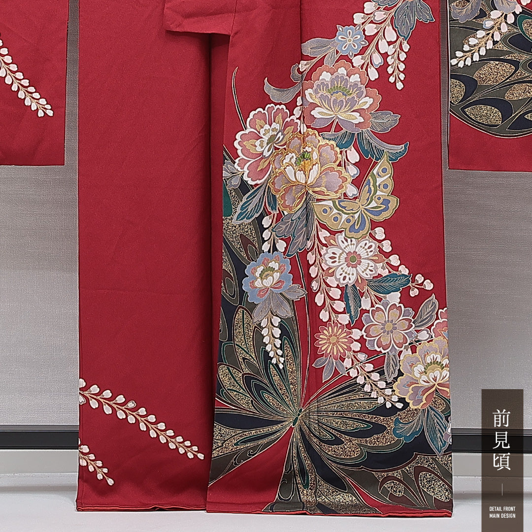 振袖 袷 身丈167cm 裄丈66cm 正絹 Sランク フォーマル 広衿 XLサイズ 蝶 牡丹 赤系 RP 1215-07009