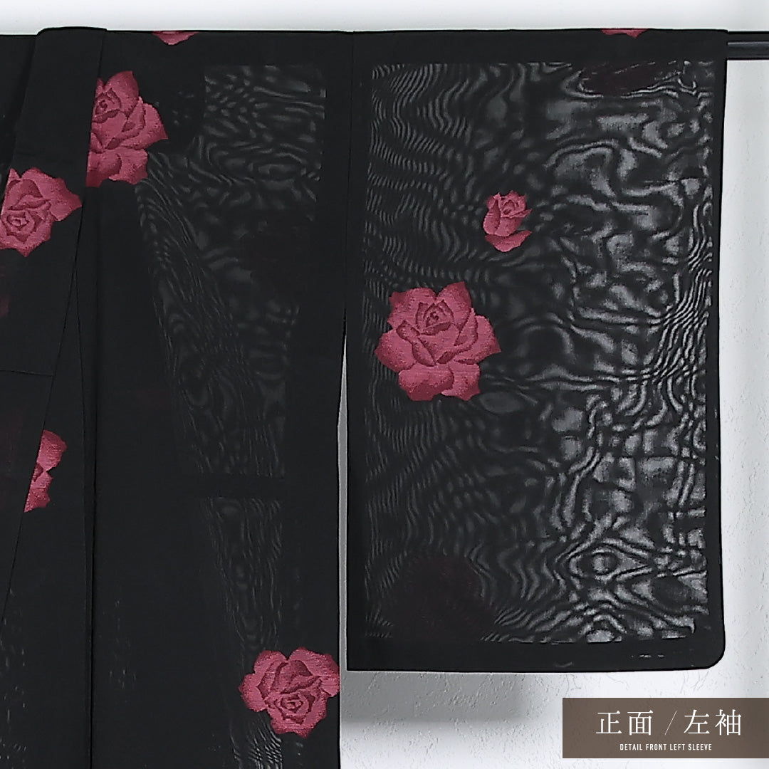 夏物 小紋 紗 身丈154cm 裄丈62cm 正絹 Sランク インフォーマル バチ衿 Lサイズ 薔薇 黒系 M4 1221-17356