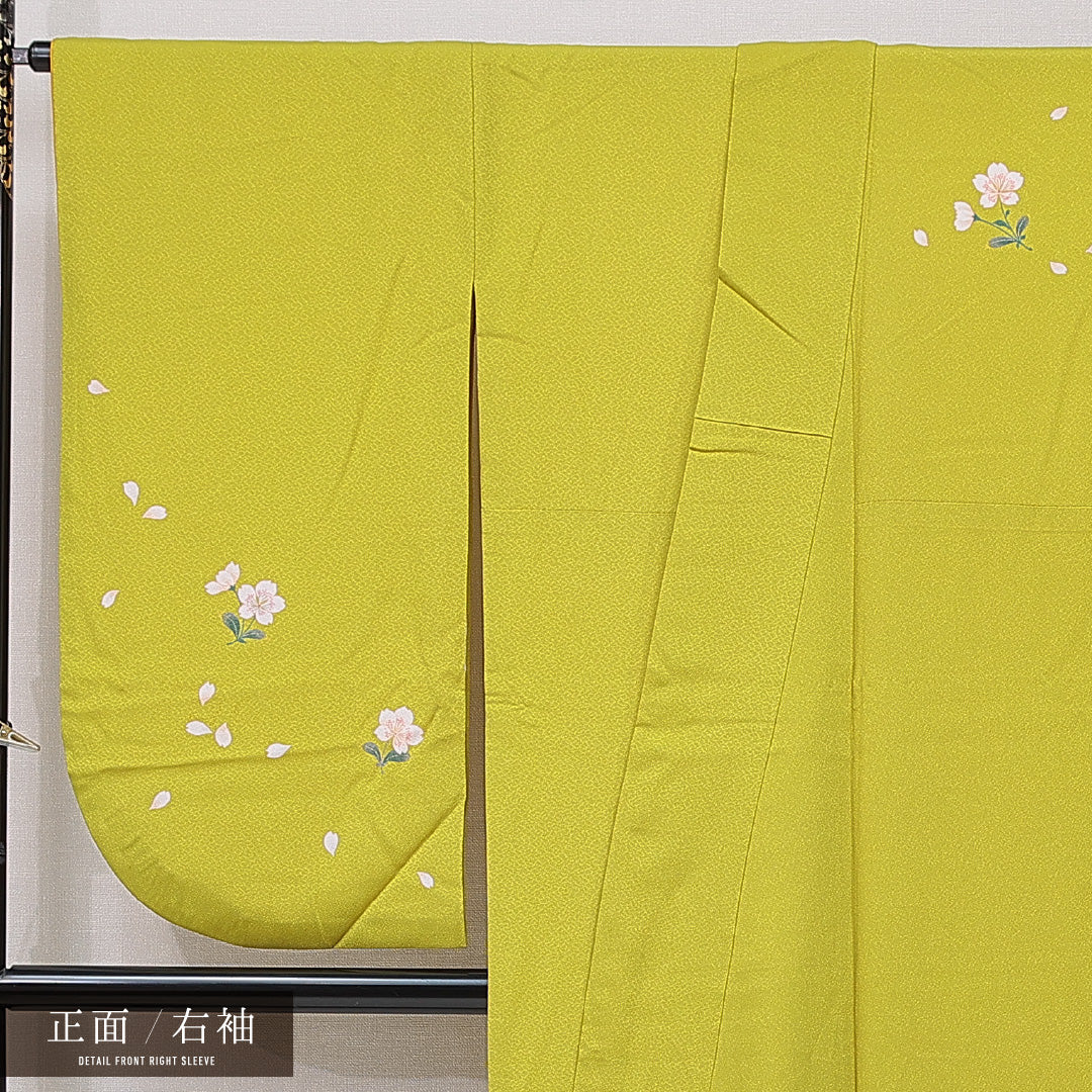 洗える着物 小振袖 袷 身丈166cm 裄丈67cm ポリエステル Cランク セミフォーマル 広衿 XLサイズ 桜 黄系 HP 1216-07070