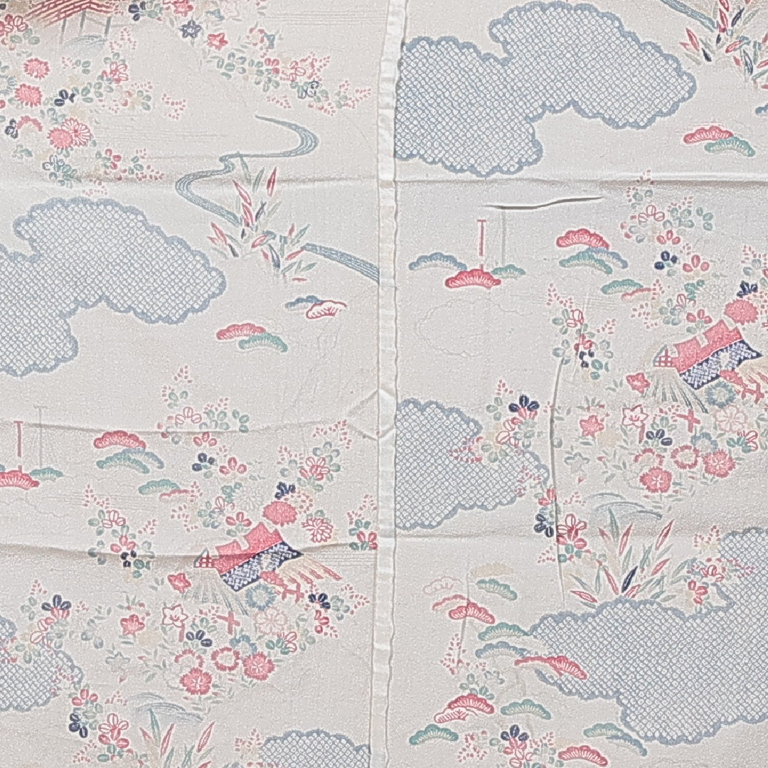 アンティーク 振袖 単衣 身丈156cm 裄丈62cm 正絹 Cランク 一つ紋 (橘) バチ衿 Mサイズ 吉祥文様 クリーム系 RP 1215-07029