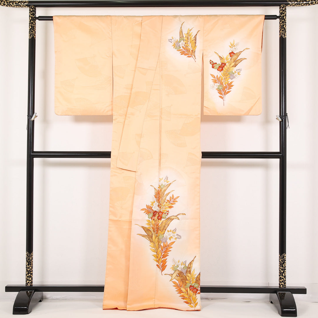 洗える着物 訪問着 袷 身丈167cm 裄丈64cm ポリエステル Aランク 紋意匠 (扇) セミフォーマル 広衿 Mサイズ 花柄 朱系 RP 1217-17471