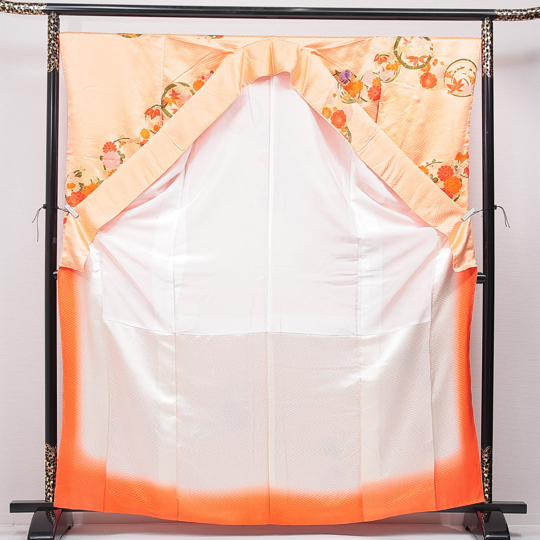振袖 袷 身丈165cm 裄丈67cm 正絹 Cランク フォーマル 広衿 XLサイズ 光悦垣 丸文 朱系 LP 1215-07045