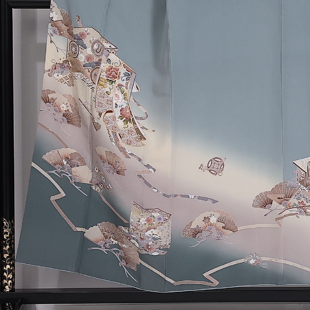 色留袖 袷 身丈152cm 裄丈62cm 正絹 Aランク 一つ紋 (丸に抱き茗荷) セミフォーマル 広衿 Sサイズ 金駒刺繍 ガード加工 御所解 水色系 RP 1214-06544
