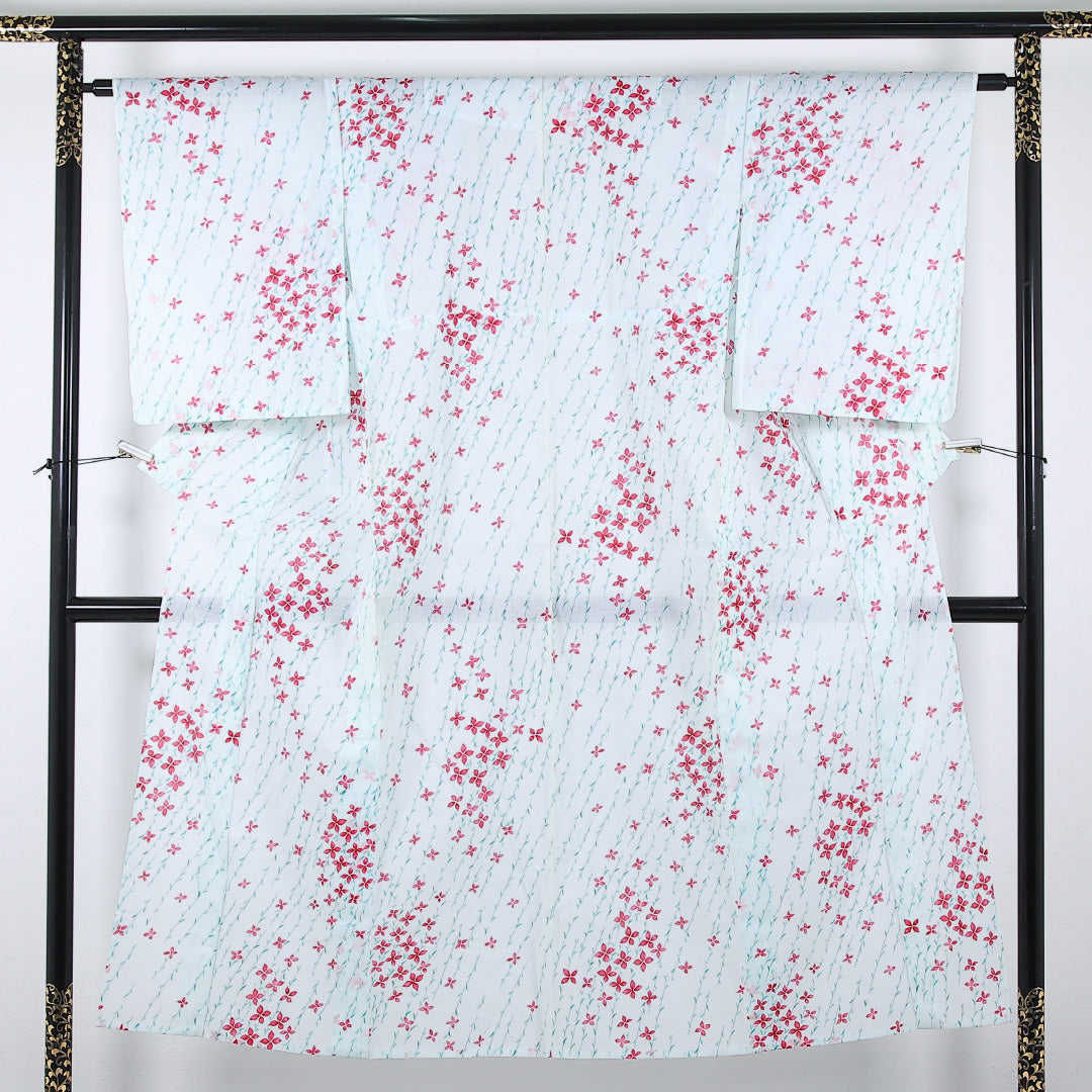 夏物 洗える着物 麻の小紋 身丈146cm 裄丈62cm 麻 Sランク インフォーマル バチ衿 XSサイズ 花柄 白系 RP 1221-17359
