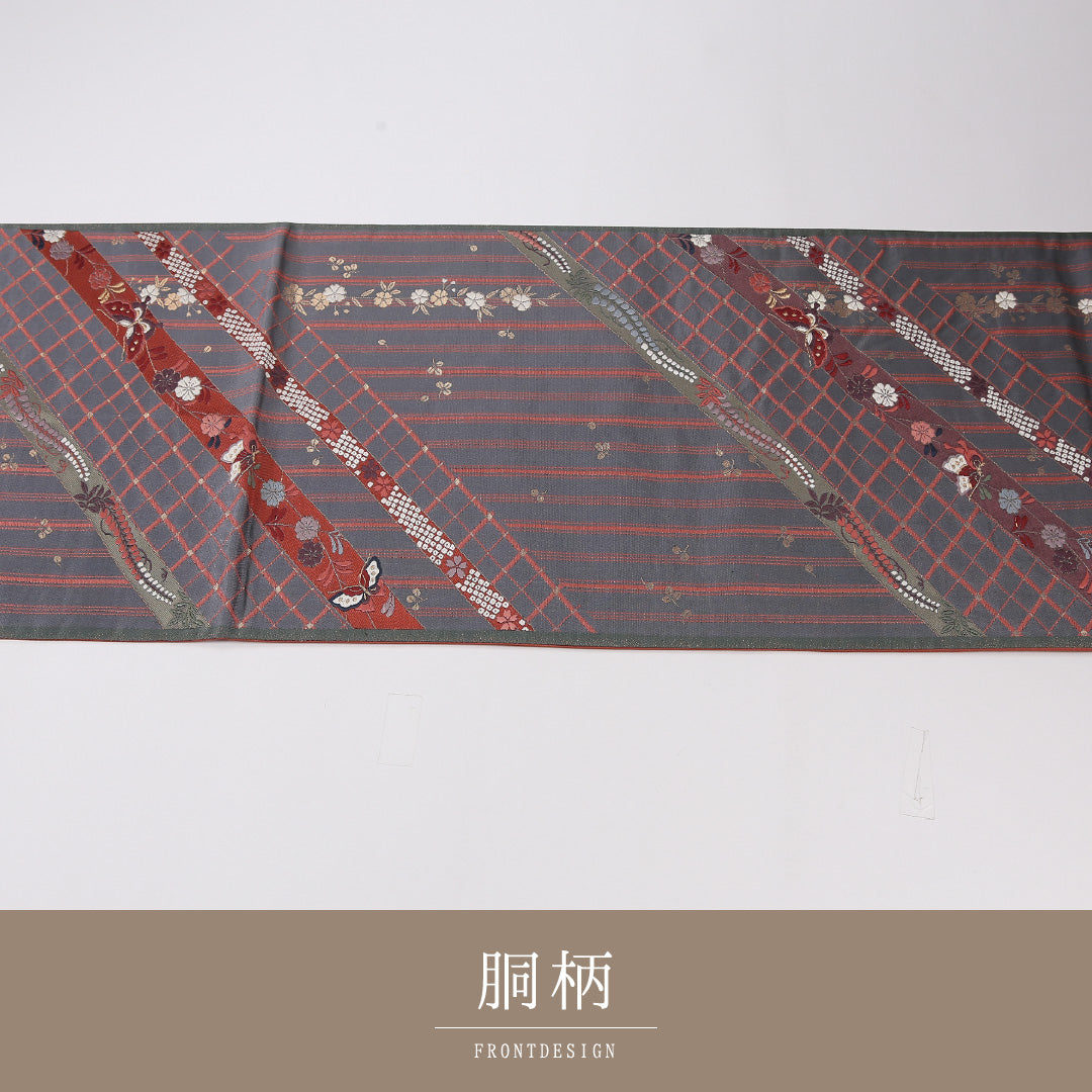 蝶 袋帯 帯丈430cm 正絹 六通 セミフォーマル グレー系 白系 1243-02623