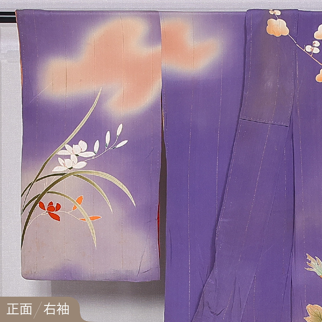 アンティーク 小振袖 袷 身丈151cm 裄丈63cm 正絹 Dランク 一つ紋 (九曜型) 広衿 Sサイズ 漆糸 梅 牡丹 紫系 RP 1216-06667
