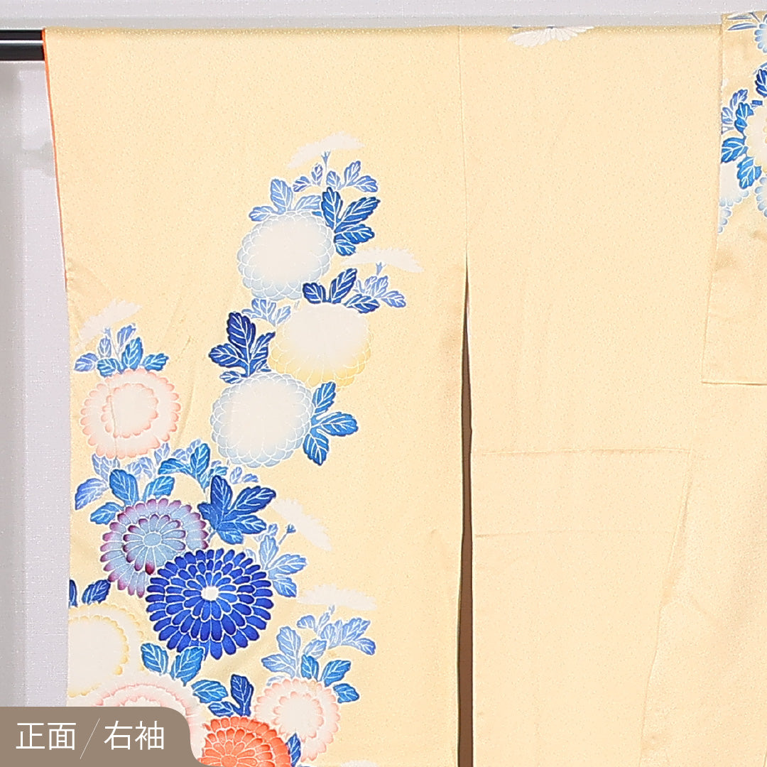 振袖 袷 身丈160cm 裄丈65cm 正絹 Bランク フォーマル 広衿 Lサイズ 刺繍 菊 黄系 RP 1215-06730