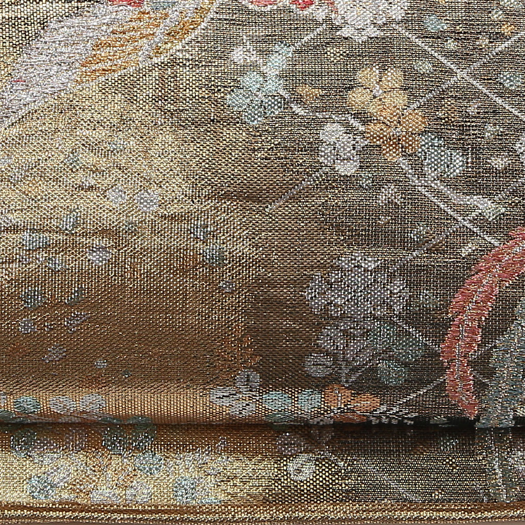 袋帯 帯丈436cm 正絹 六通 フォーマル 佐賀錦 花喰鳥 金系 1243-02536